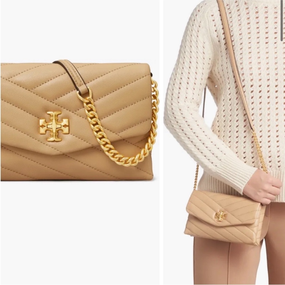 NEW Tory Burch Kira Chevron Leather Wallet-On-Chain Crossbody Bag Beige Cream
